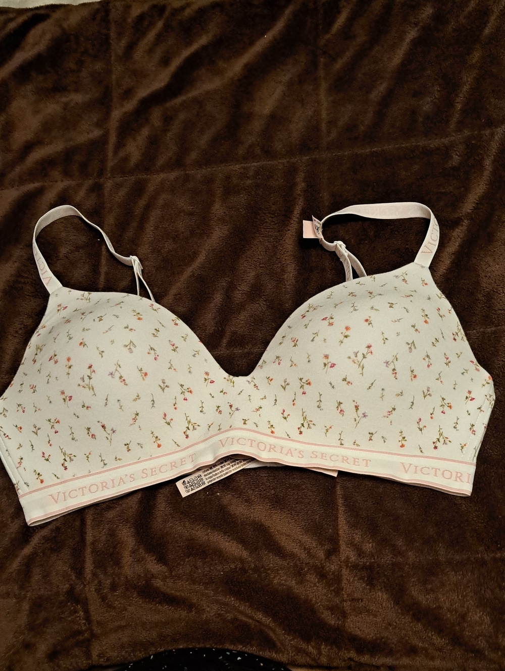 Victoria's Secret White Floral Wireless Bra with Pink Trim Size 36D  NWOT